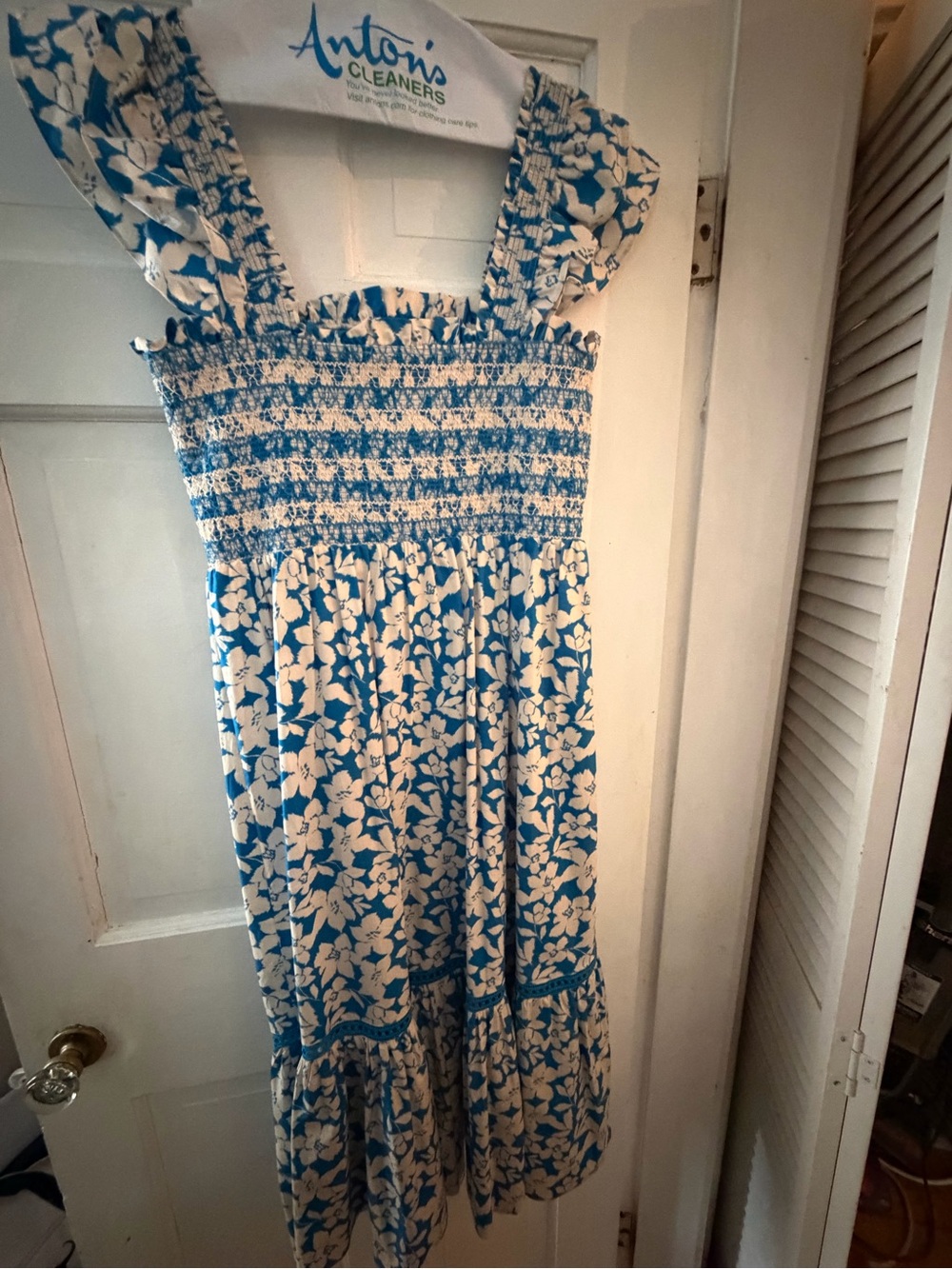 Shoshanna Blue and White Floral Smocked Maxi Dress